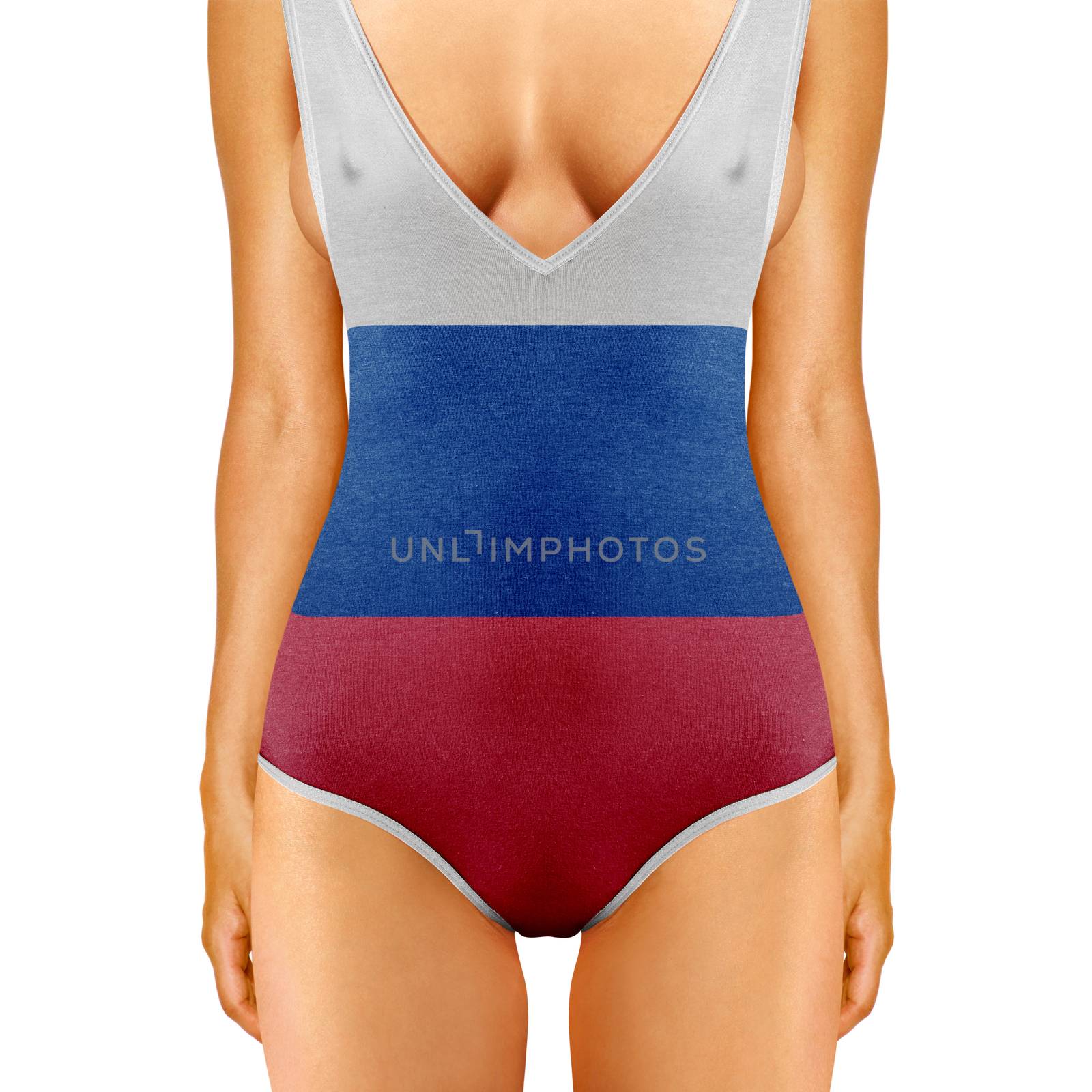 body of woman in swimwear like russian flag on white background