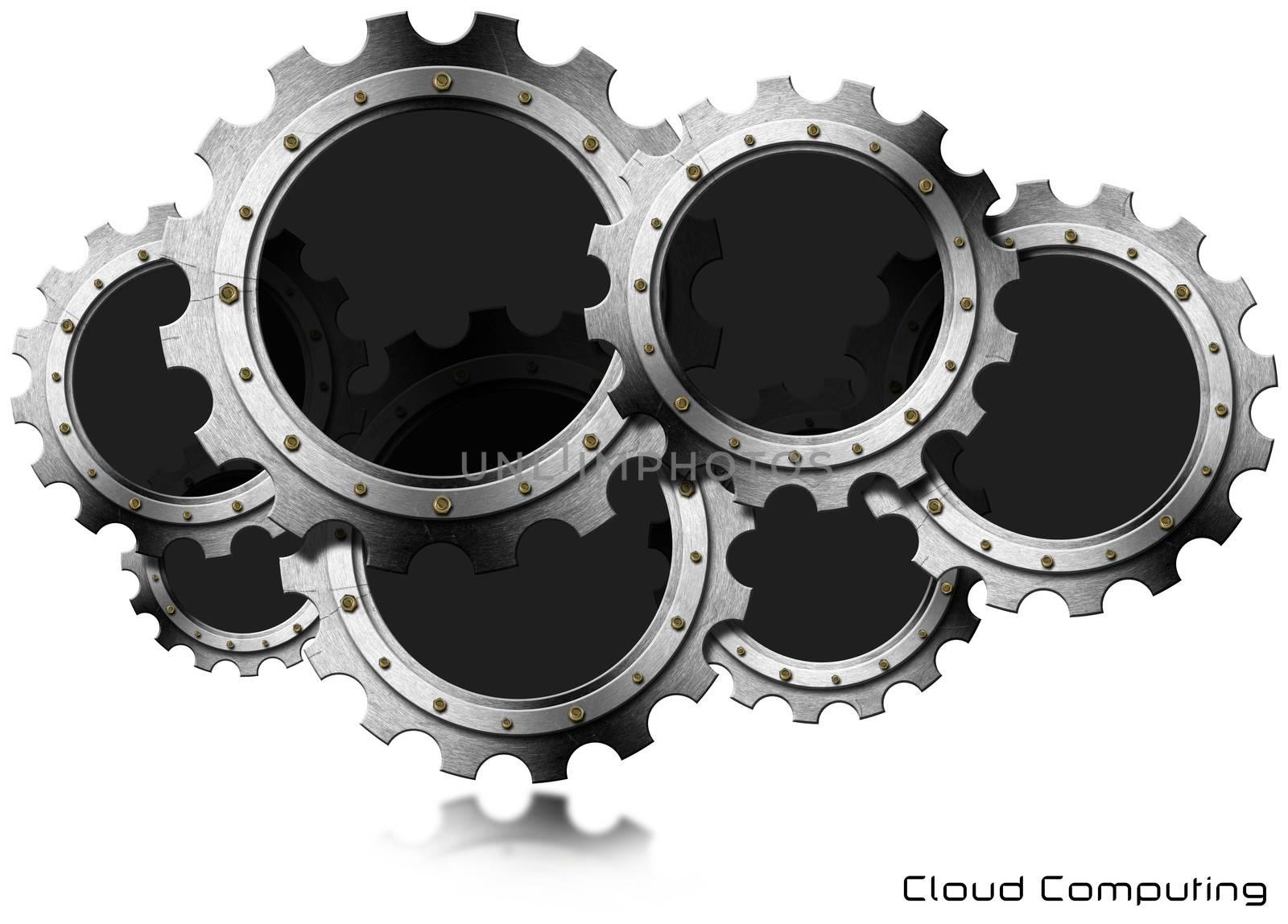 Seven metallic cogs forming a cloud isolated on white background. Concept of cloud computing