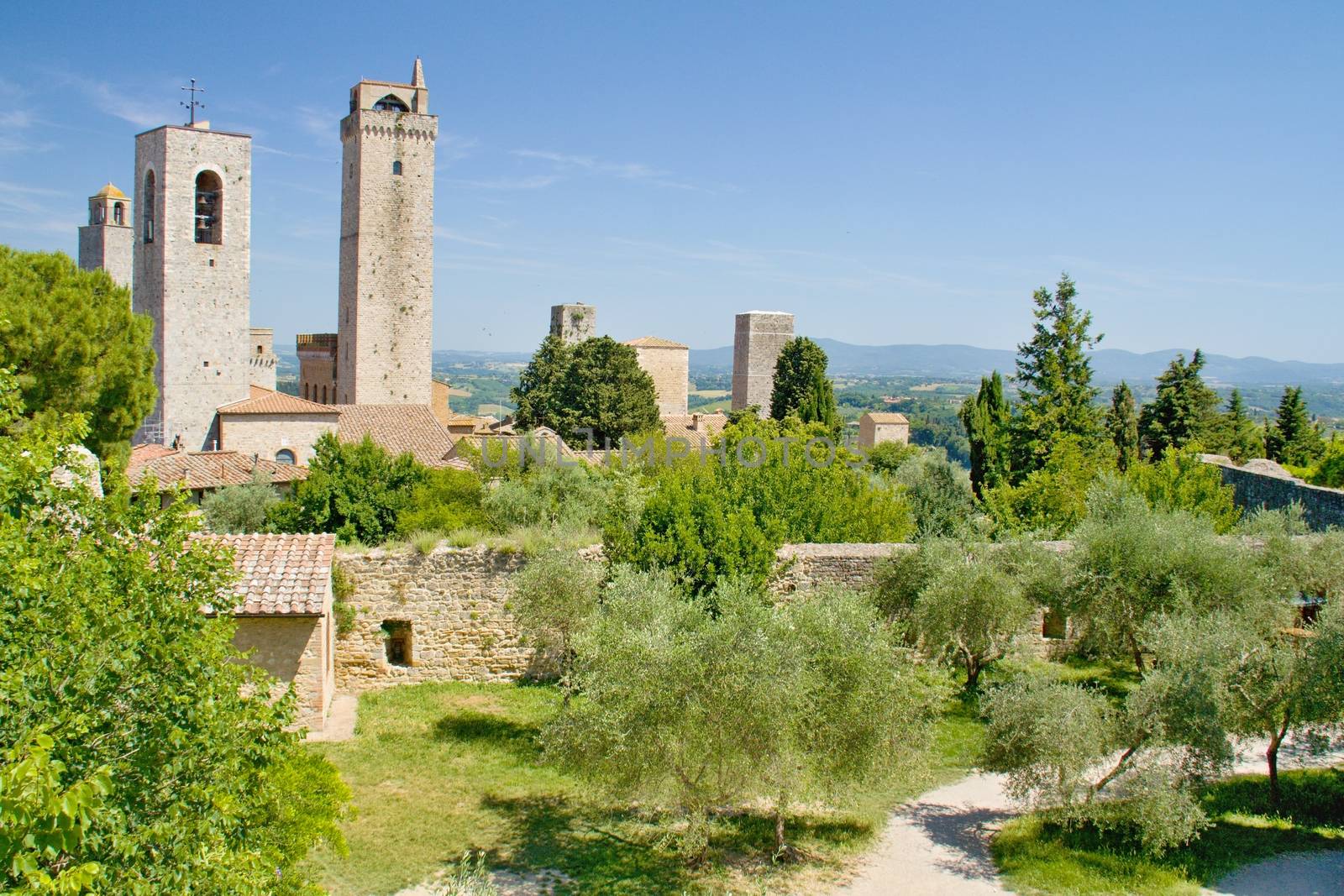 Photo shows a general view of the Tuscany city of San Gimignano.