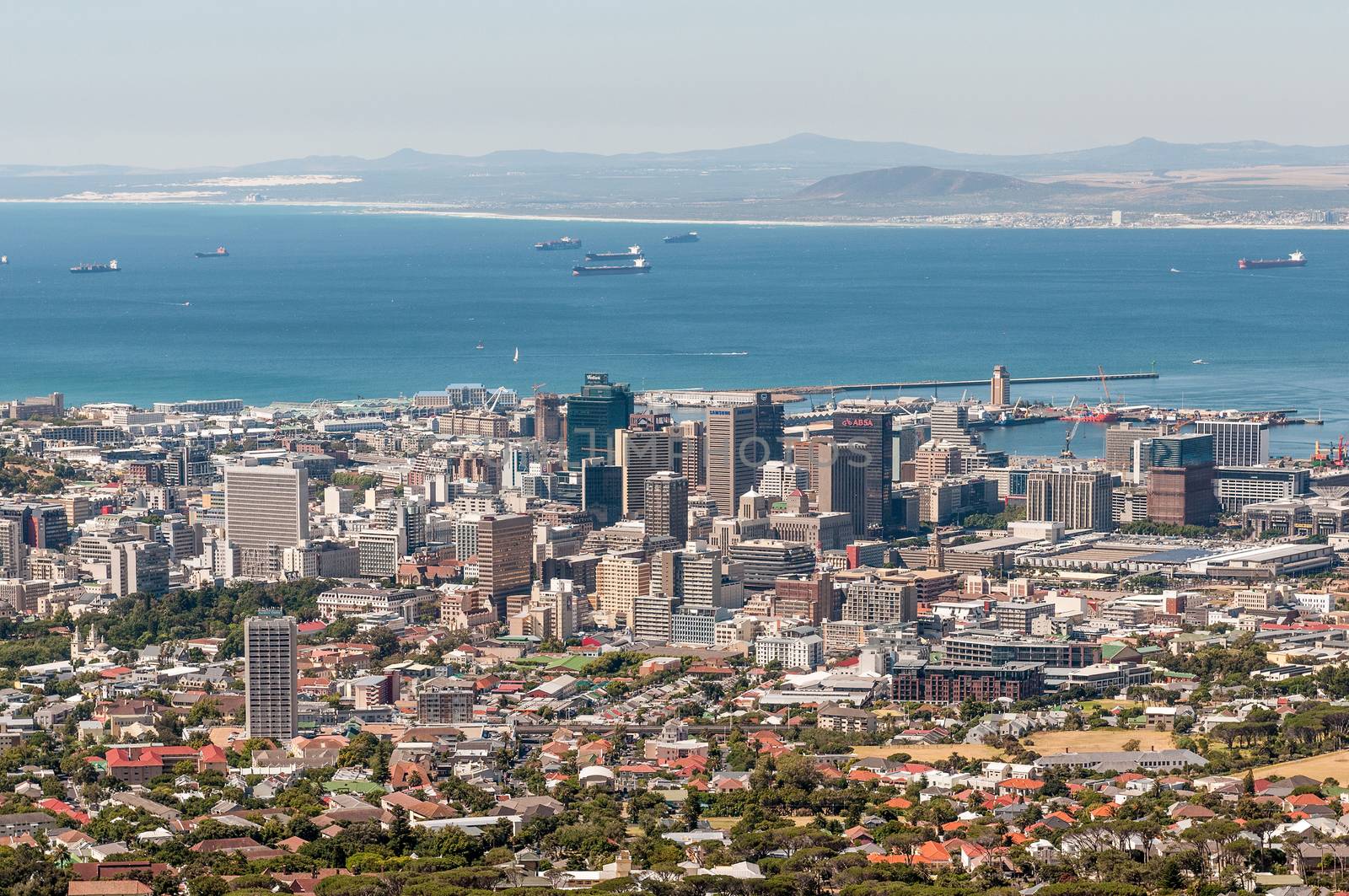 CAPE TOWN, SOUTH AFRICA - DECEMBER 18, 2014: The harbor and central business district as seen from Table Mountain Road
