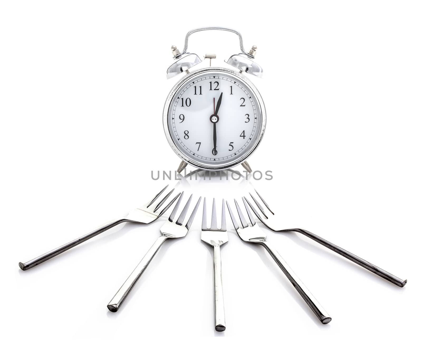 Alarm Clock - Time for Lunch With Forks on a White Background