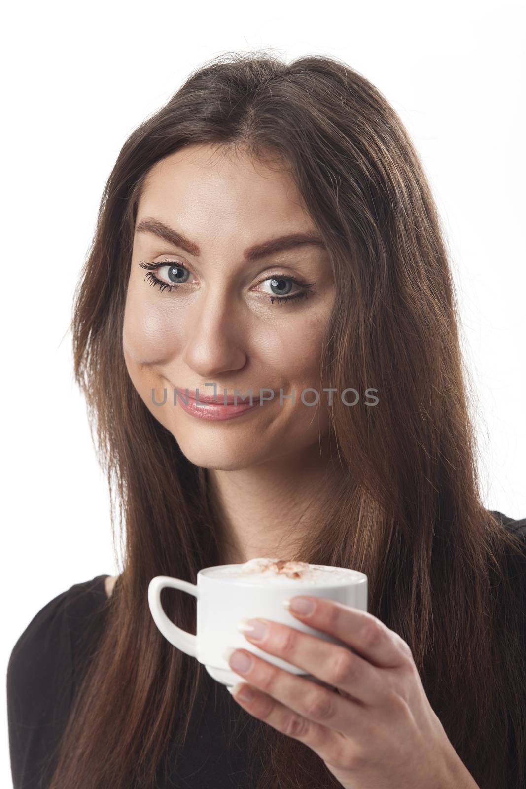 smiling woman with a cappuchino