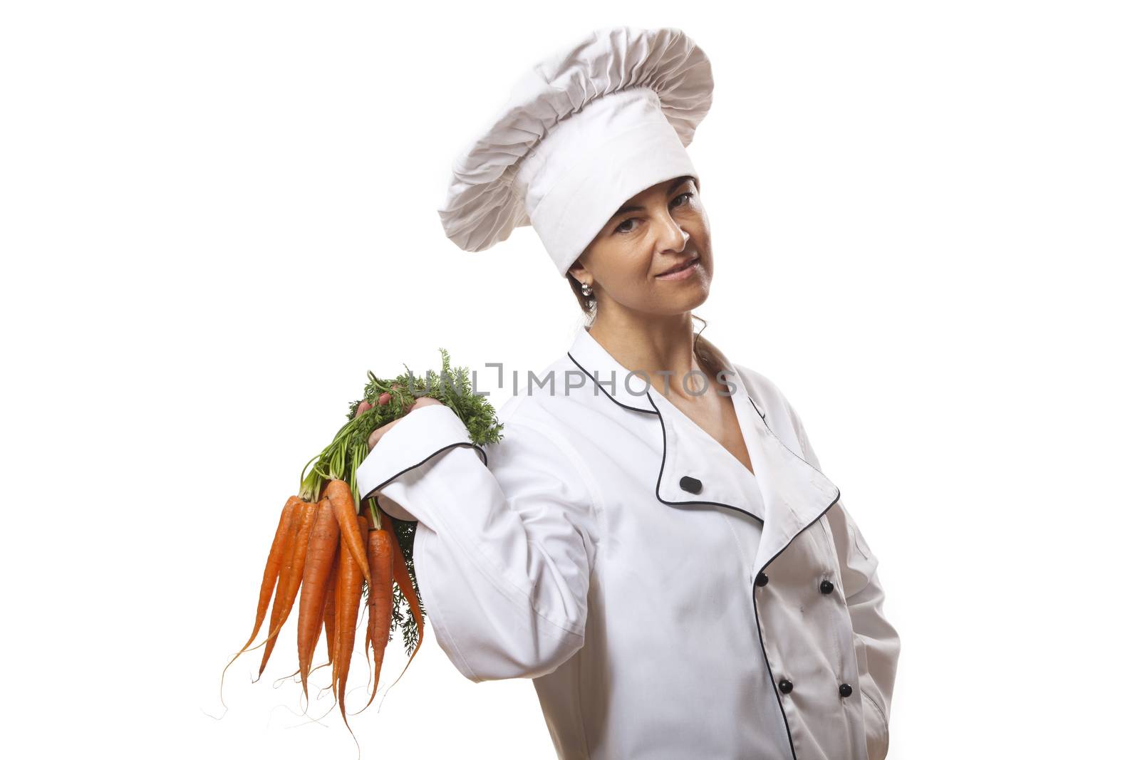 happy cook with fresh carrots on white