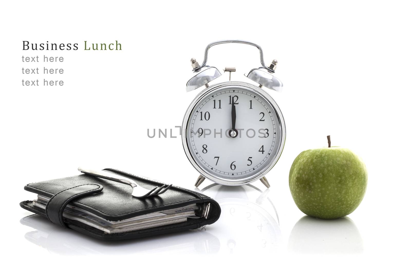 Fork on Filofax with Apple and Clock but no time for lunch, Business lunch Concept on a White Background with Copy Space