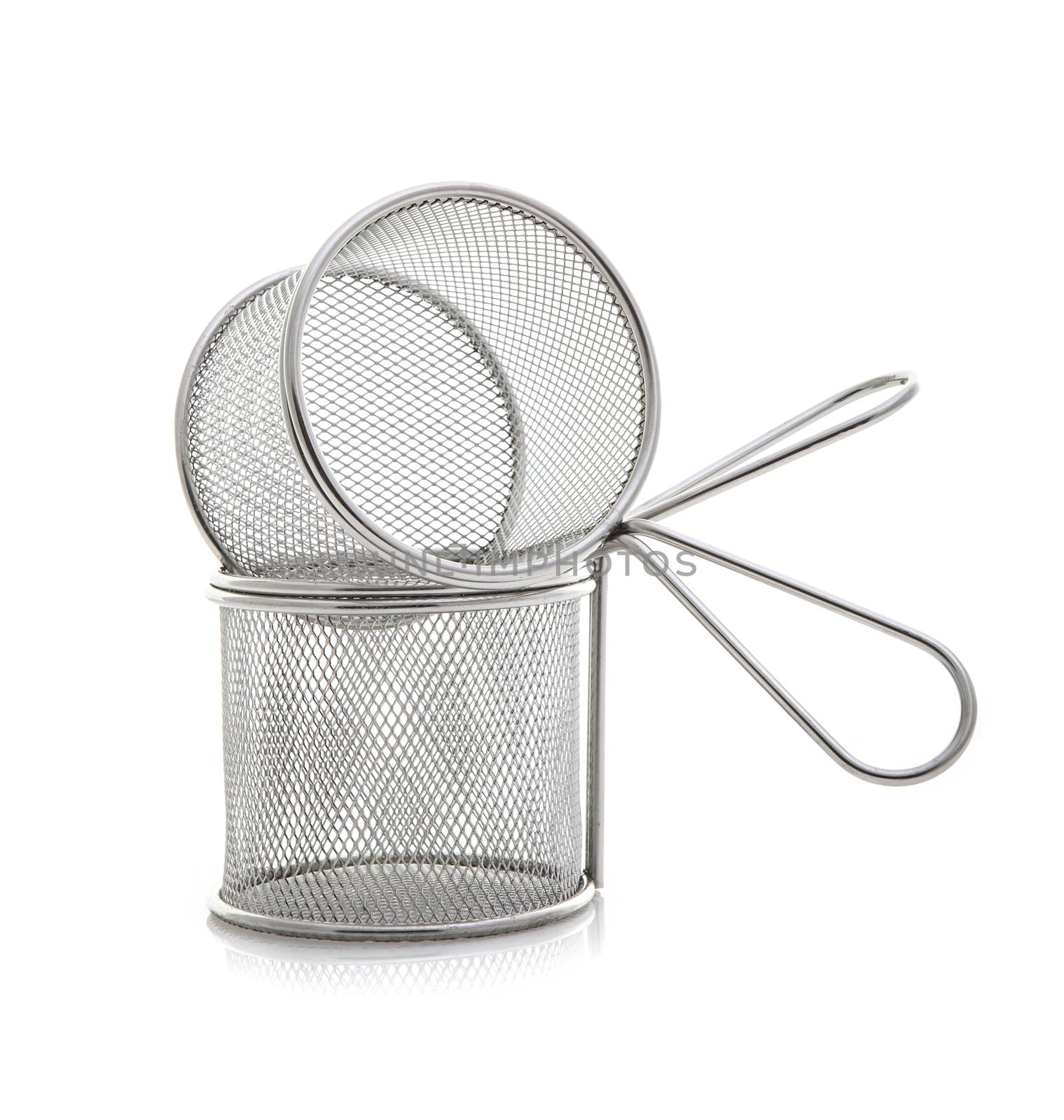 Two Empty Wire Chip Baskets on a White Background by urbanbuzz