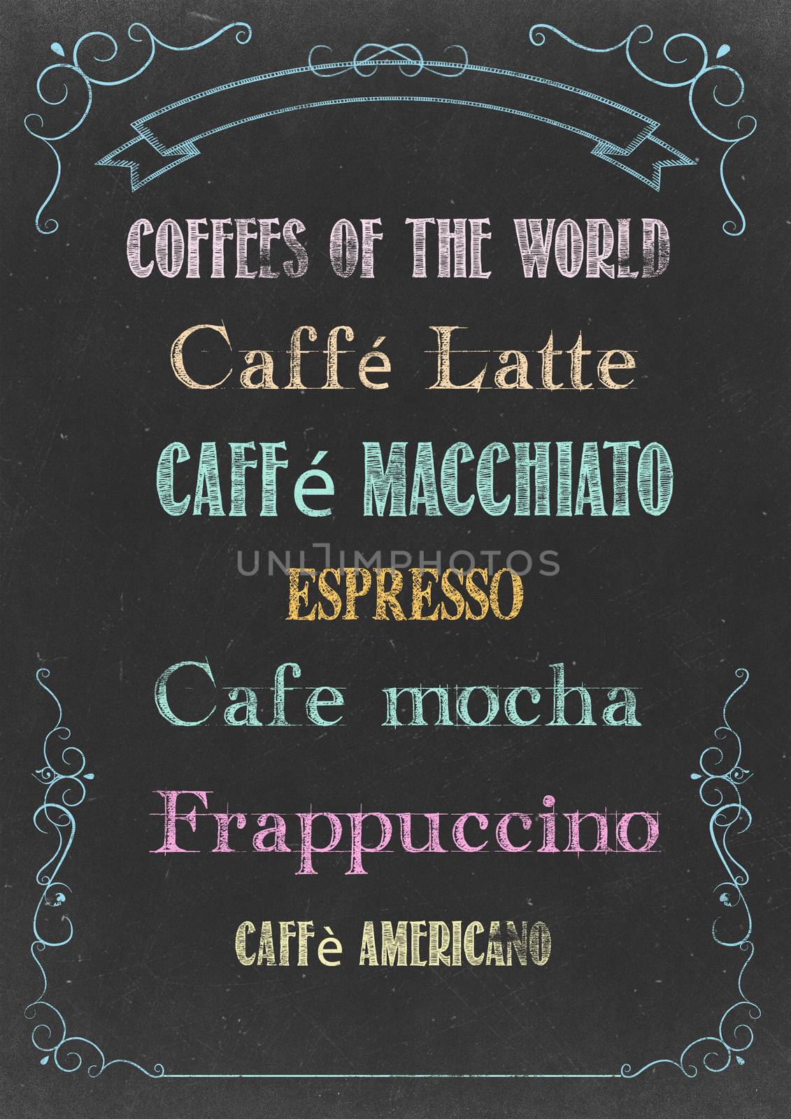 Chalkboard with "COFFEES OF THE WORLD" Hand Drawn in Chalks
