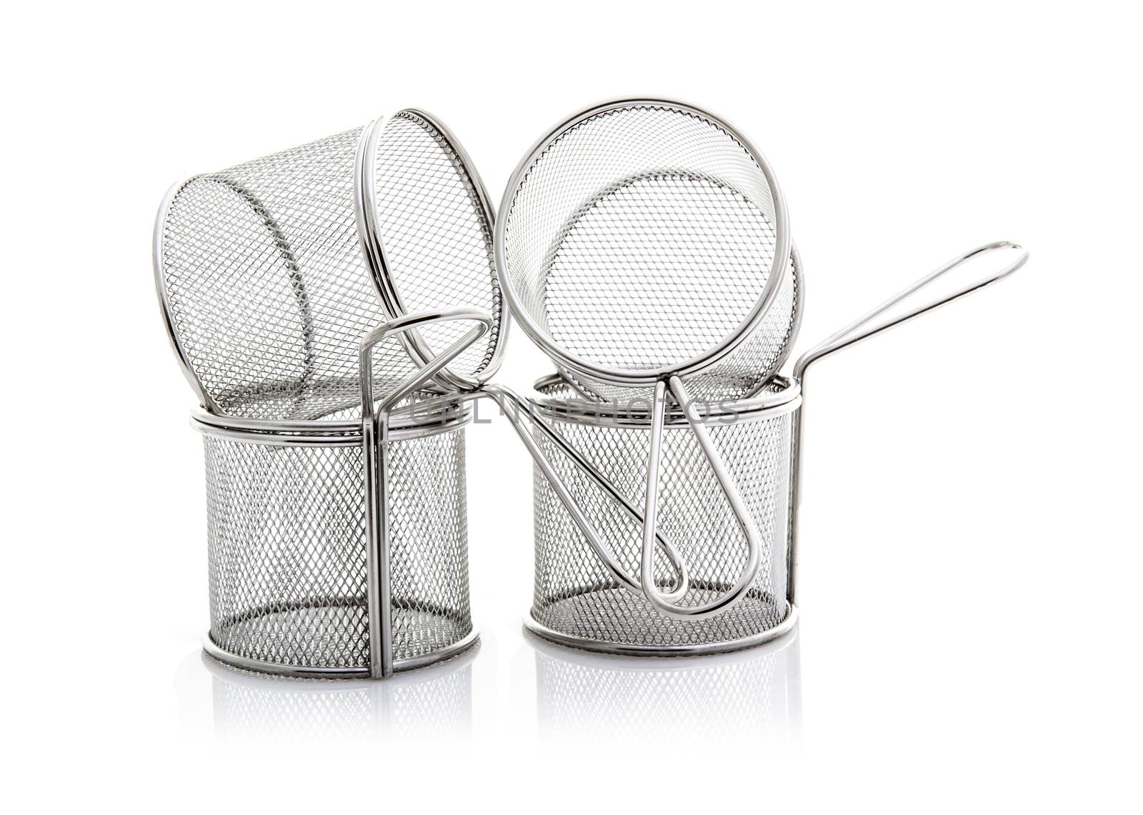 Four Empty Stainless Steel Wire Chip Baskets on a White Background