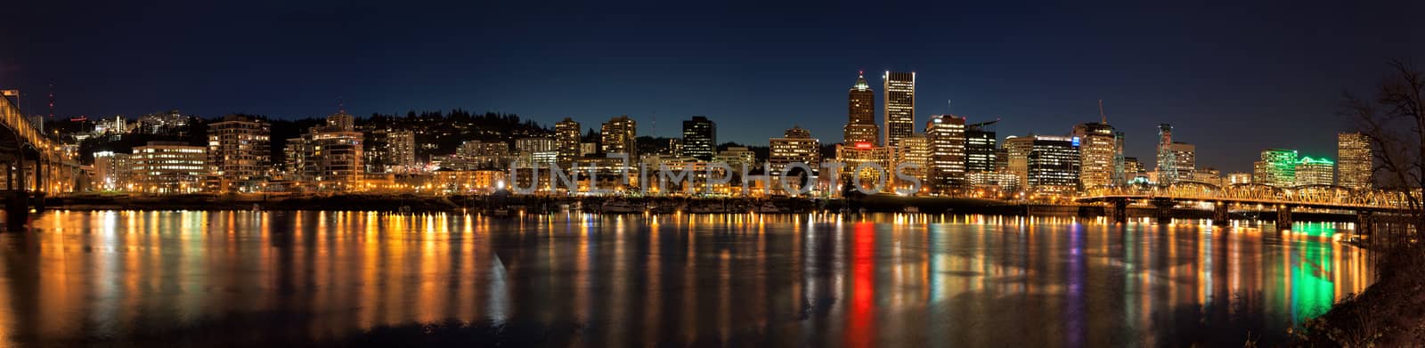 Portland Oregon Downtown Waterfront City Skyline Along Willamette River Night Scene Panorama