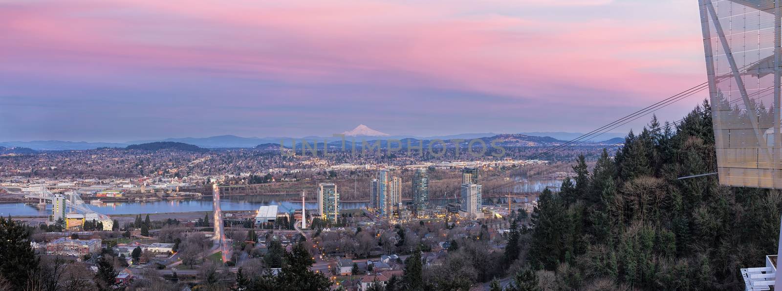 Portland Oregon South Waterfront with Ross Island Bridge Tilikum Crossing and Mount Hood during Alpenglow Sunset Panorama