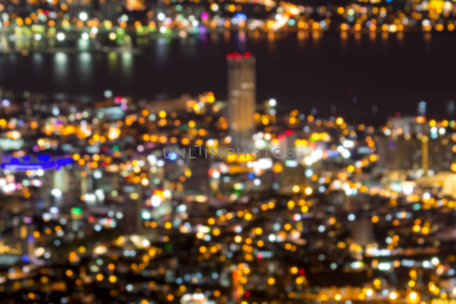 George Town Penang Malaysia Aerial Scenic view from Penang Hill with City Lights at Night Blurred Defocused Bokeh Background