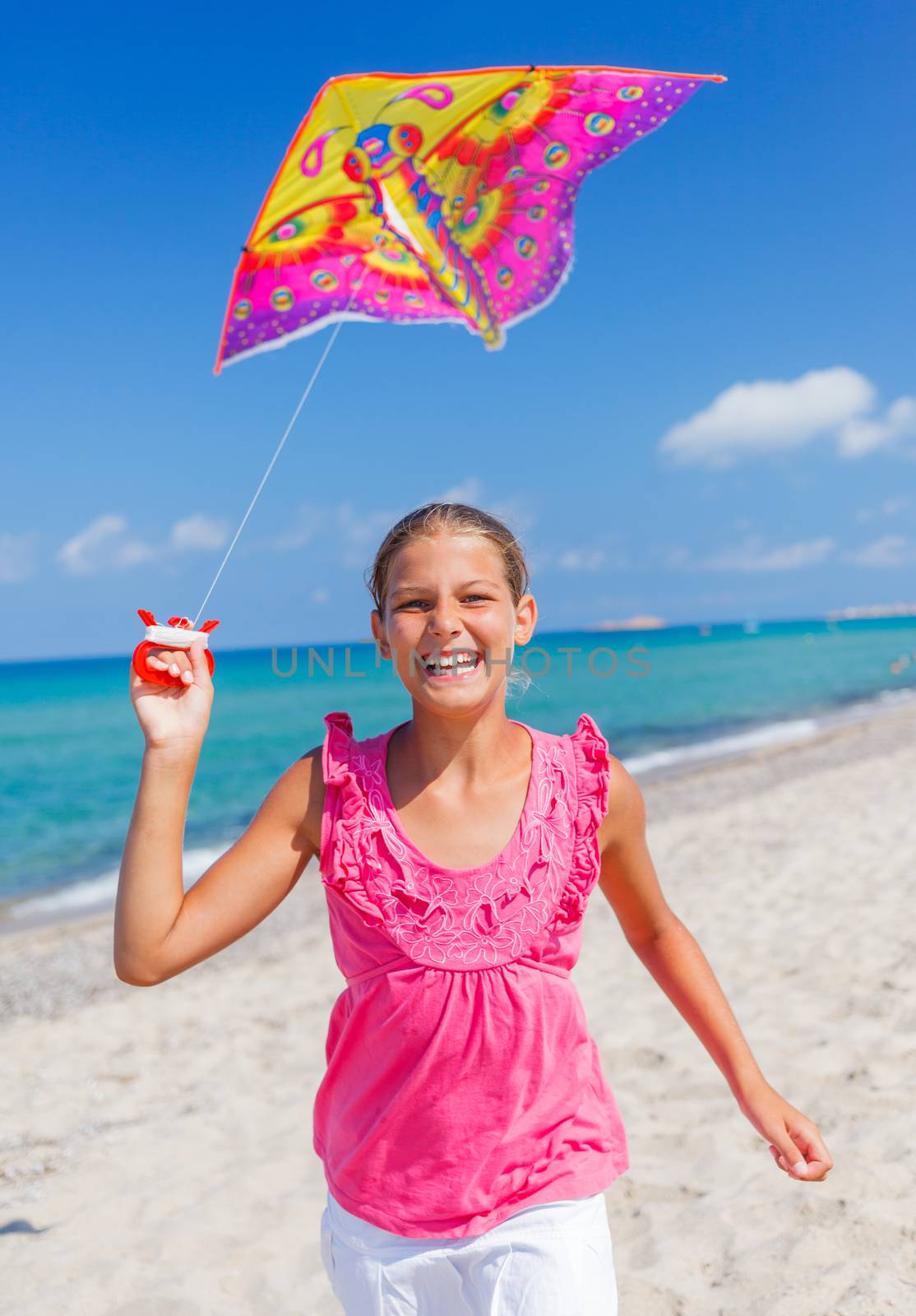 Beach cute girl kite flying outdoor coast ocean