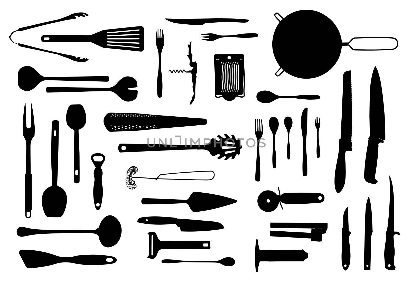 Kitchen equipment and cutlery silhouette set by anterovium