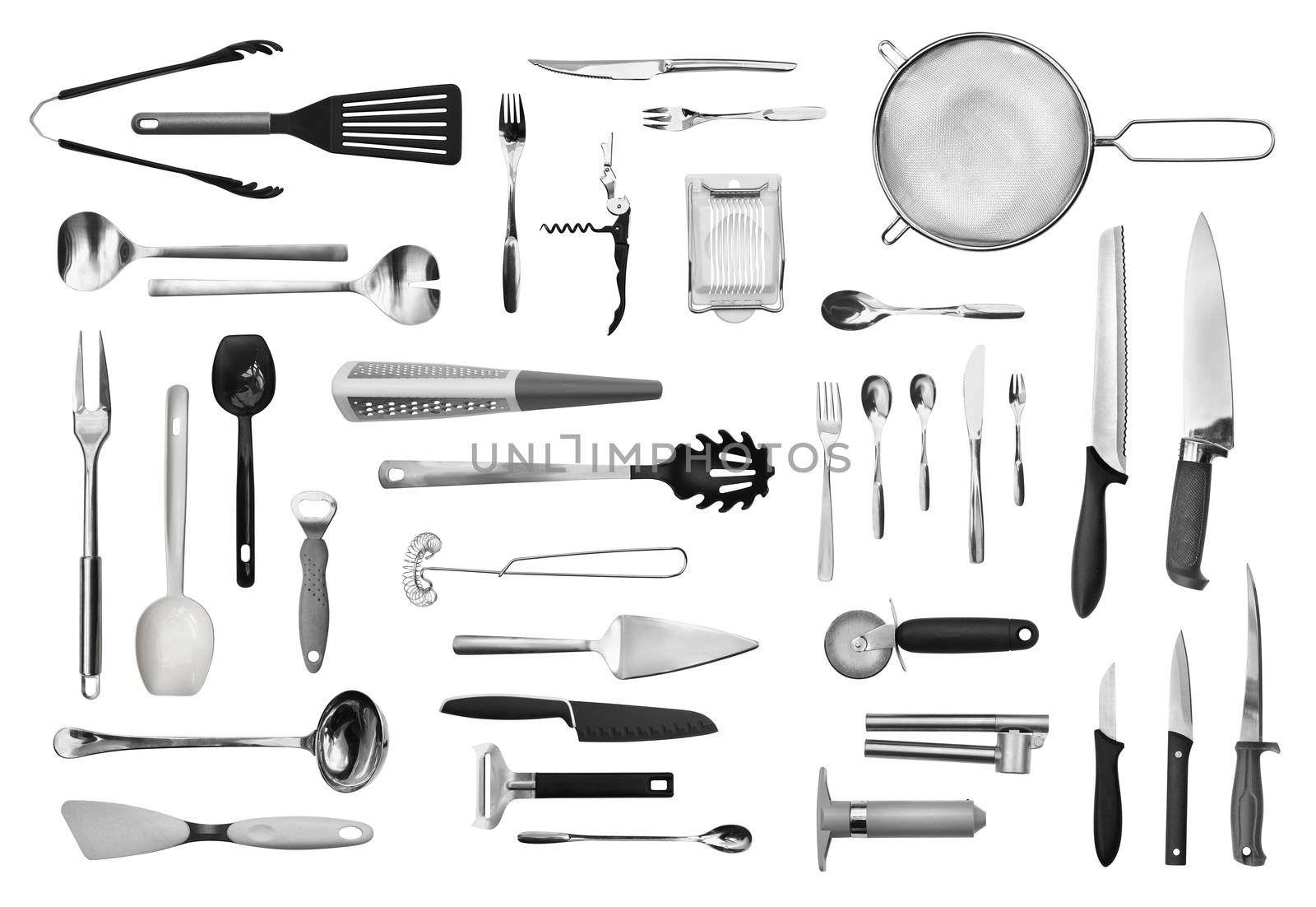 Realistic kitchen equipment and cutlery collection isolated on white