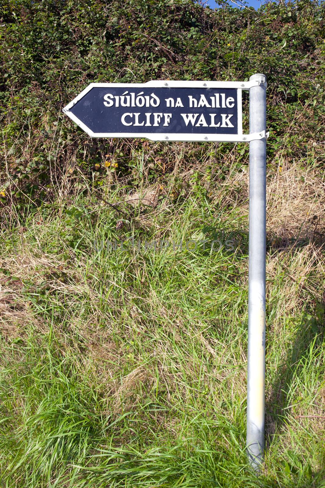 cliff walk sign beside the cliffs in Ballybunion county Kerry Ireland in English and Gaelic