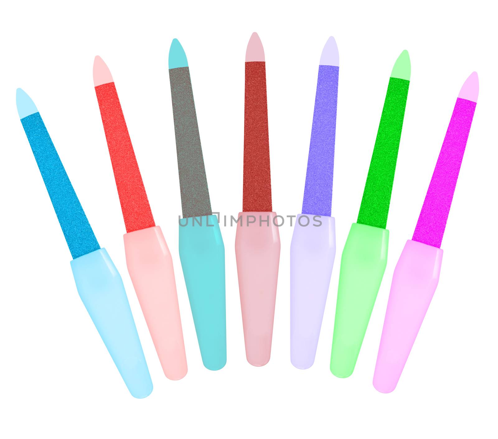 Nail files are laid out in a fan shape isolated on white background. Collage of different colors