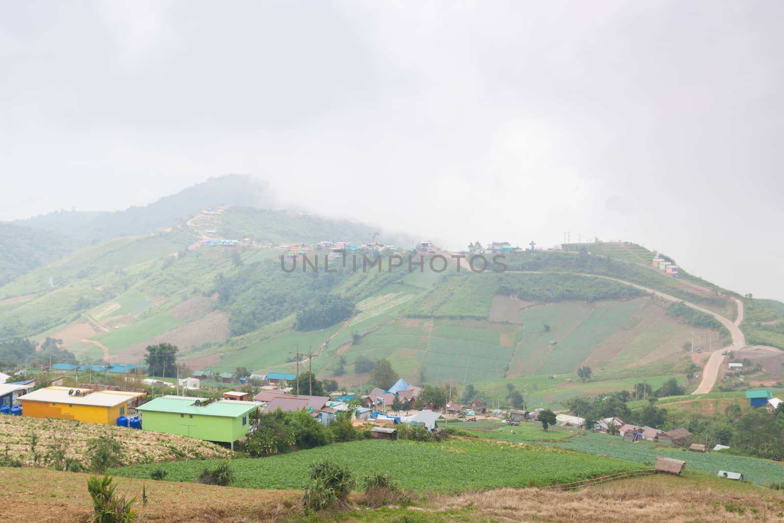 Villages and farmland in the mountains. Agricultural areas of the house on the hill.