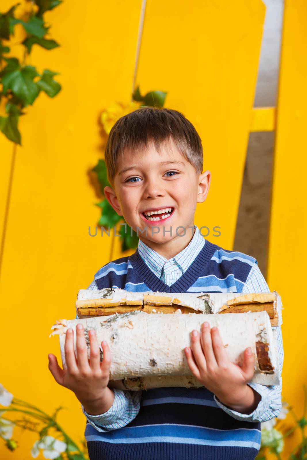 Portrait of a cute little boy with pile of firewood at yellow fence background