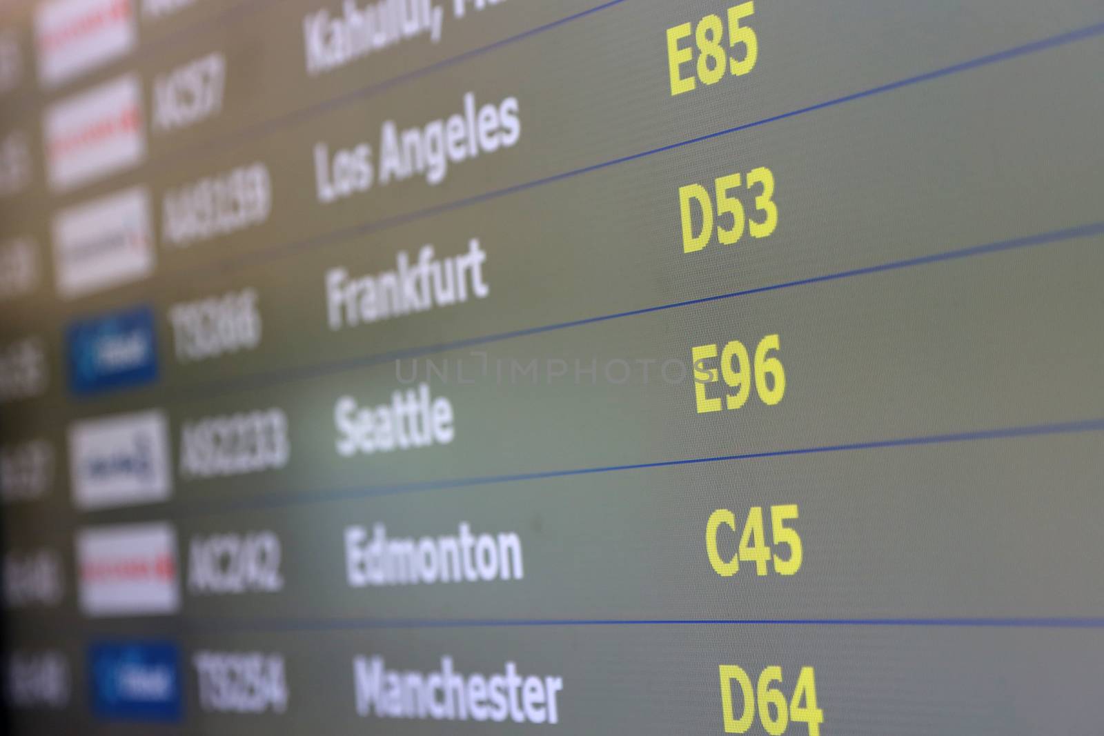 Macro airport departures monitor showing flight gate
