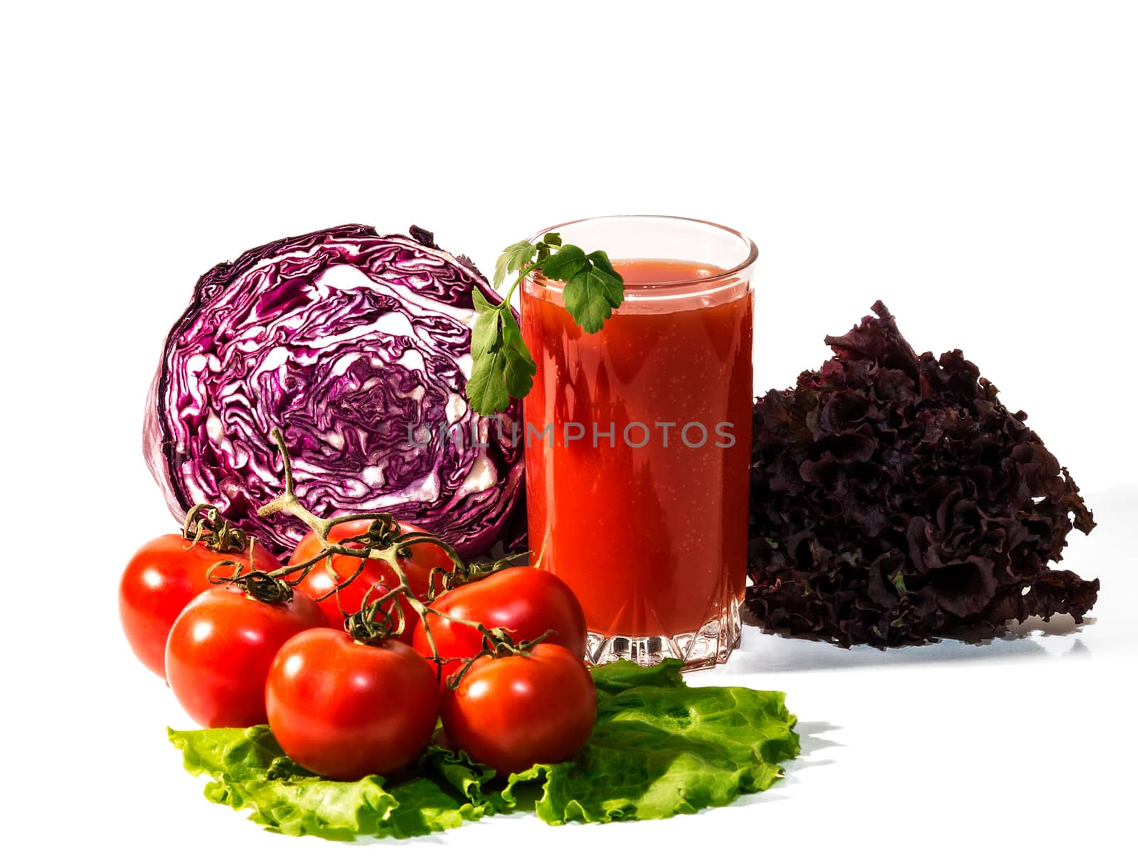 Still life with tomatoes and tomato juice isolated on white background