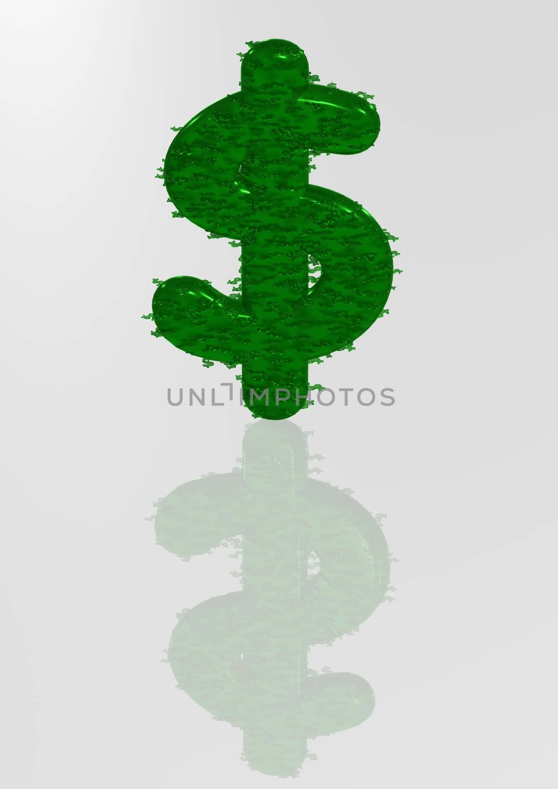 Big three-dimensional green dollar sign with reflection.