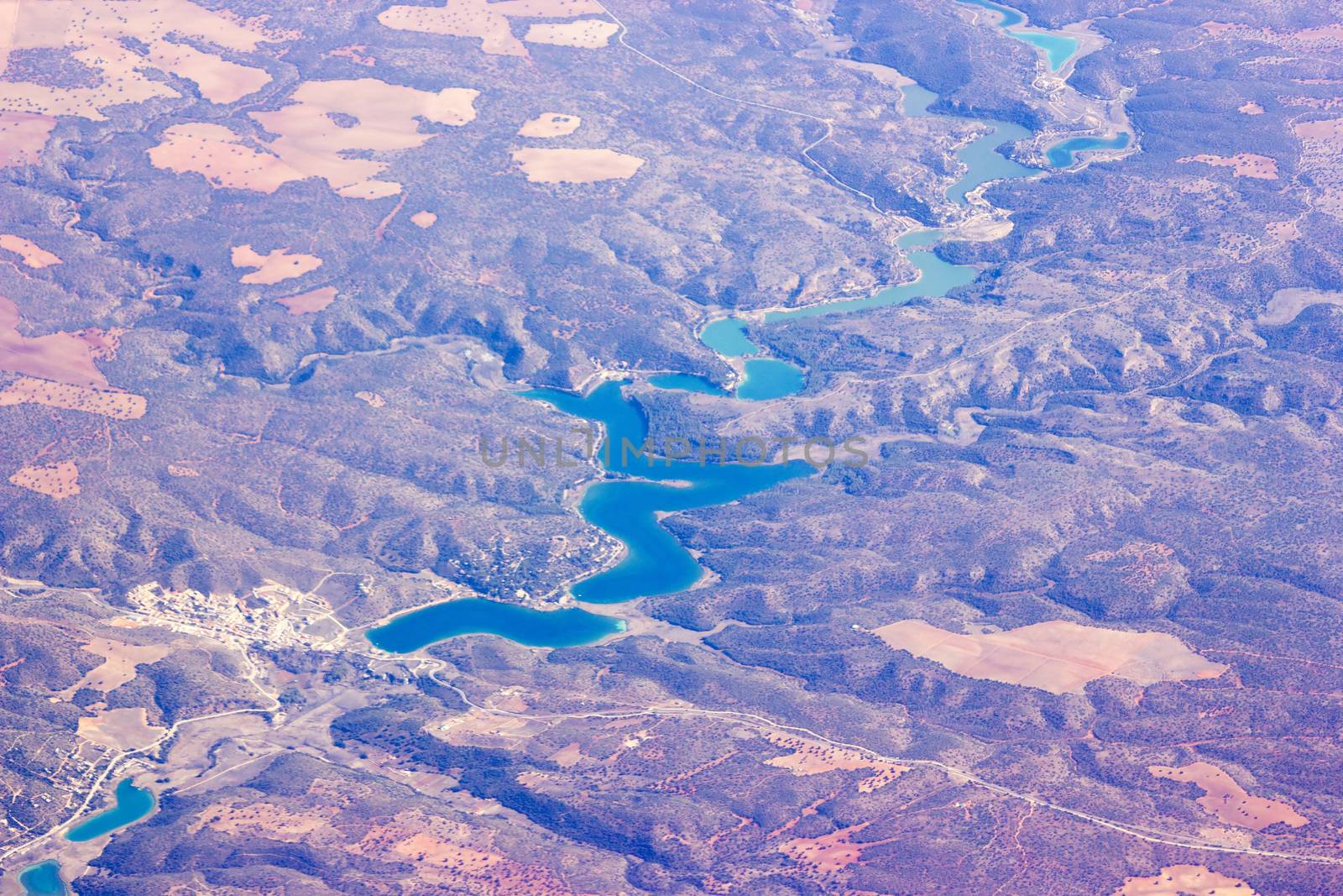 Aerial view of Spain with fields and lakes