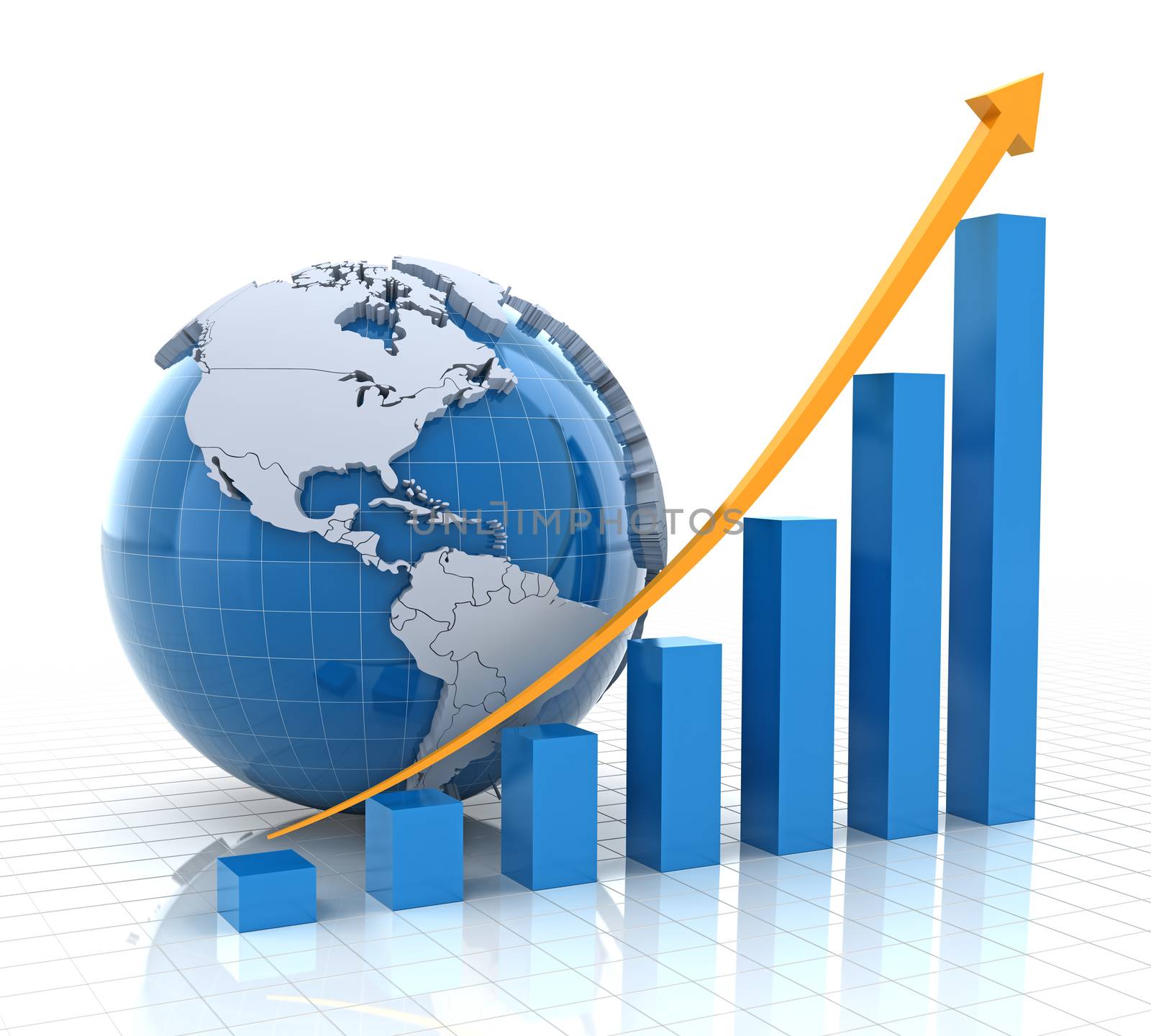 Growth chart with globe, 3d render, white background