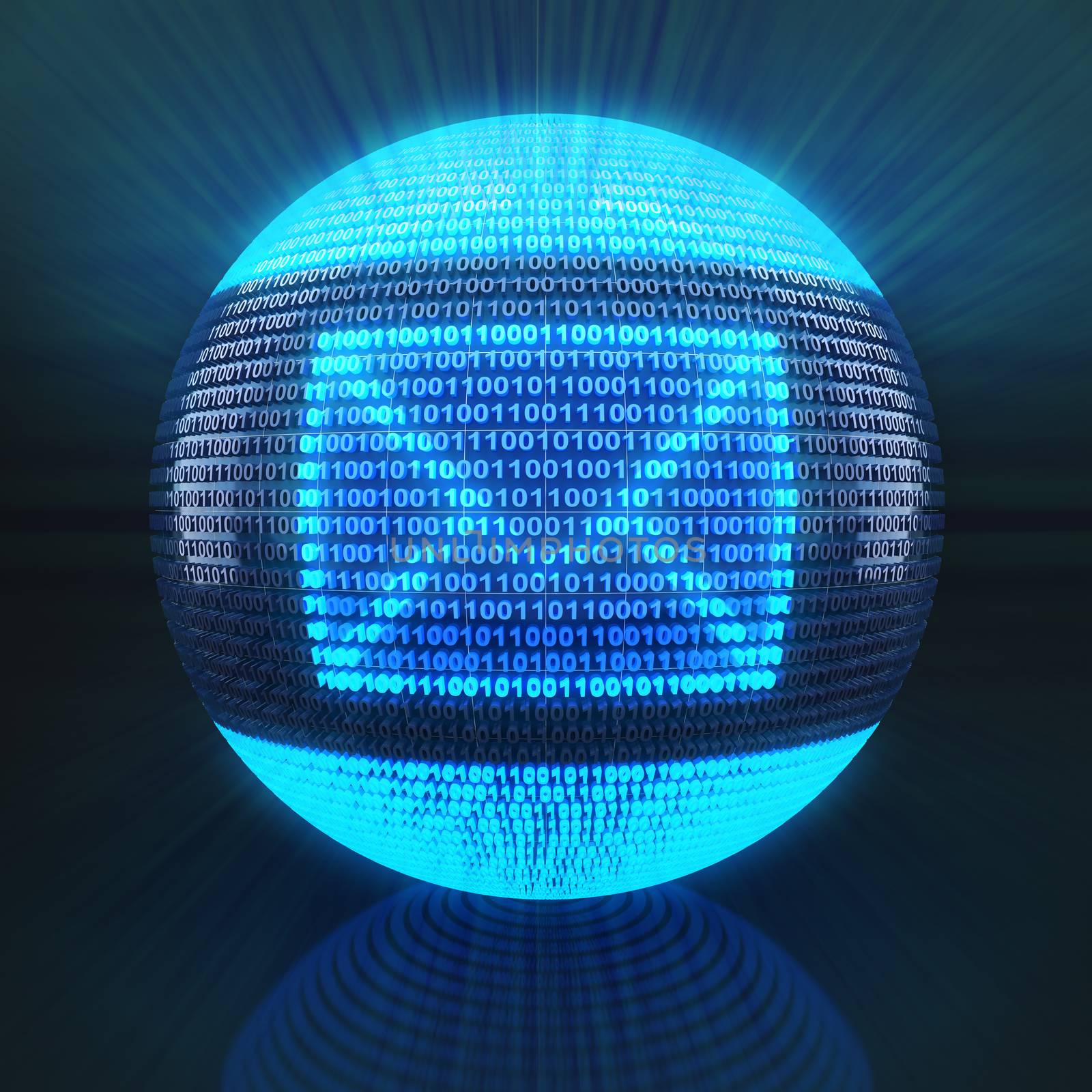 Email symbol on globe formed by binary code, 3d render