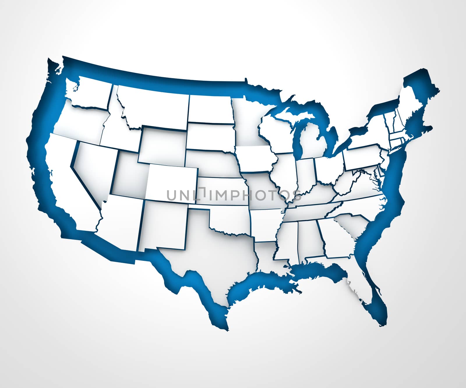 USA paper map with individual states, 3d render, white background