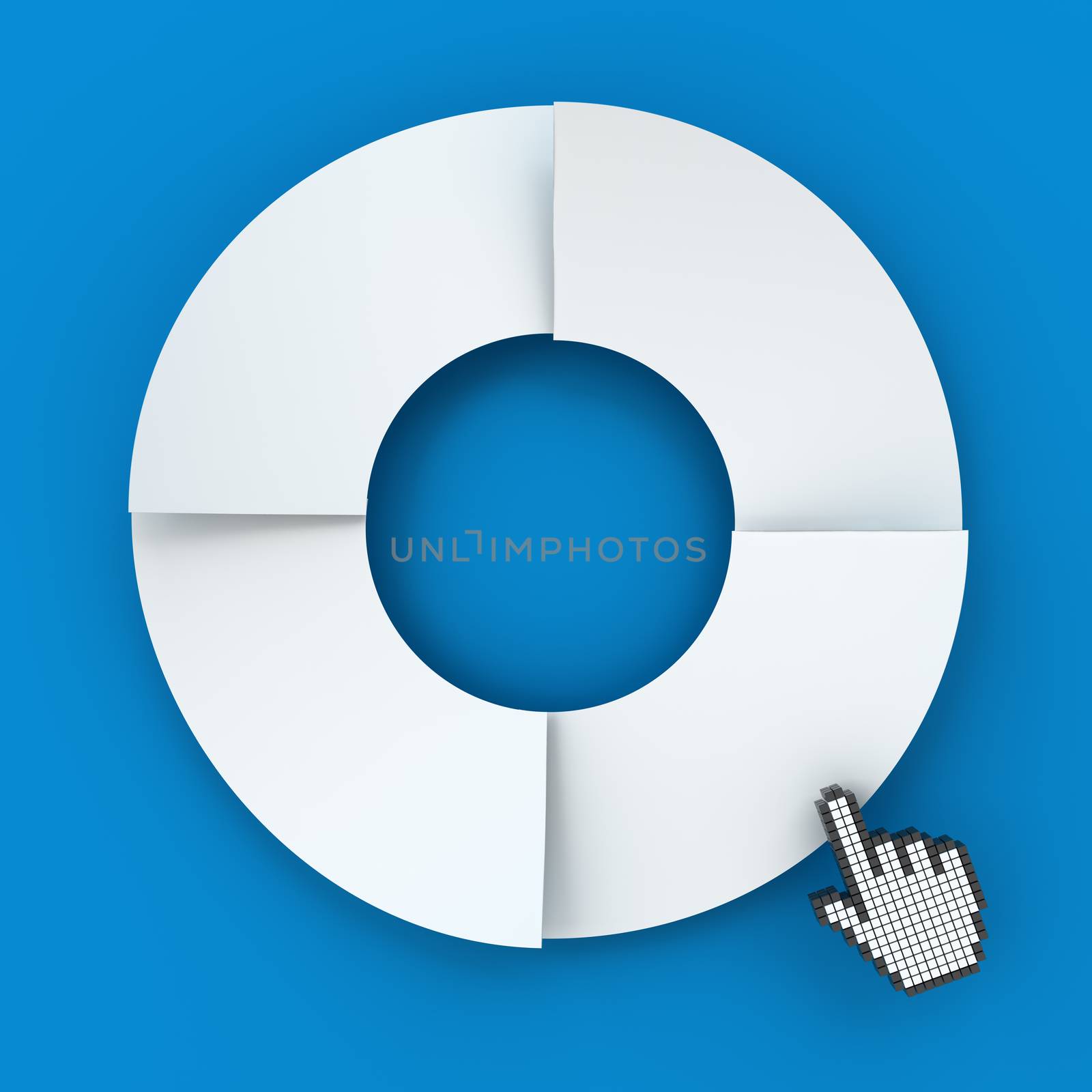 Four steps circle infographic chart with hand cursor, 3d render, blue background