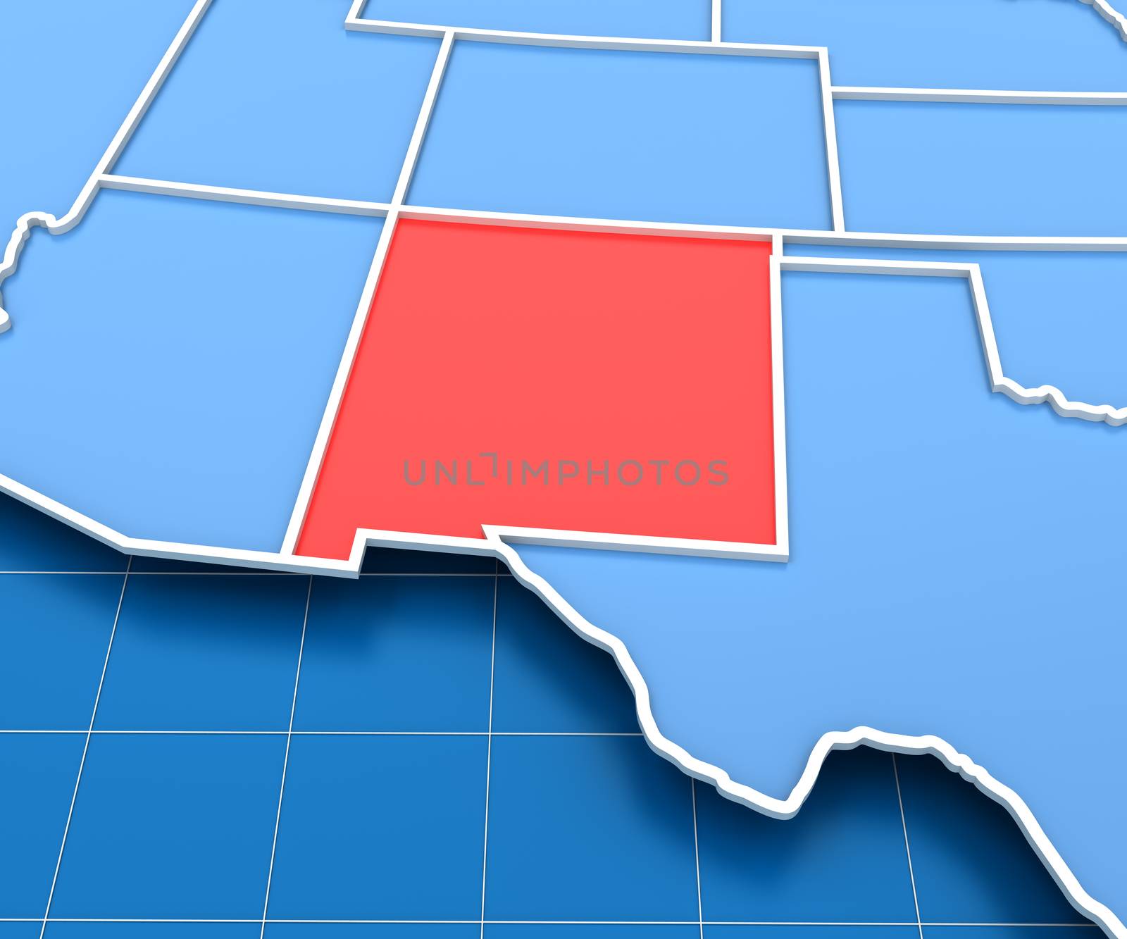 3d render of USA map with New Mexico state highlighted by ymgerman