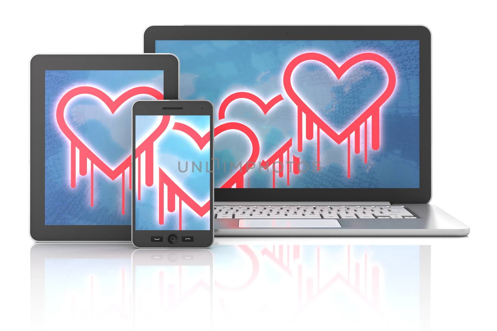 Heartbleed bug symbols on gadgets, including digital tablet, smartphone and computer, 3d render, white background
