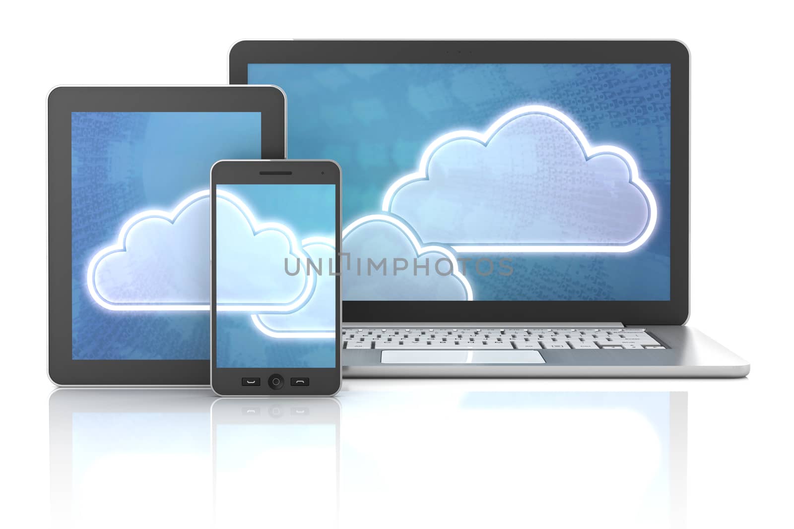 Cloud symbols on gadgets, including tablet, smartphone and computer, 3d render, white background