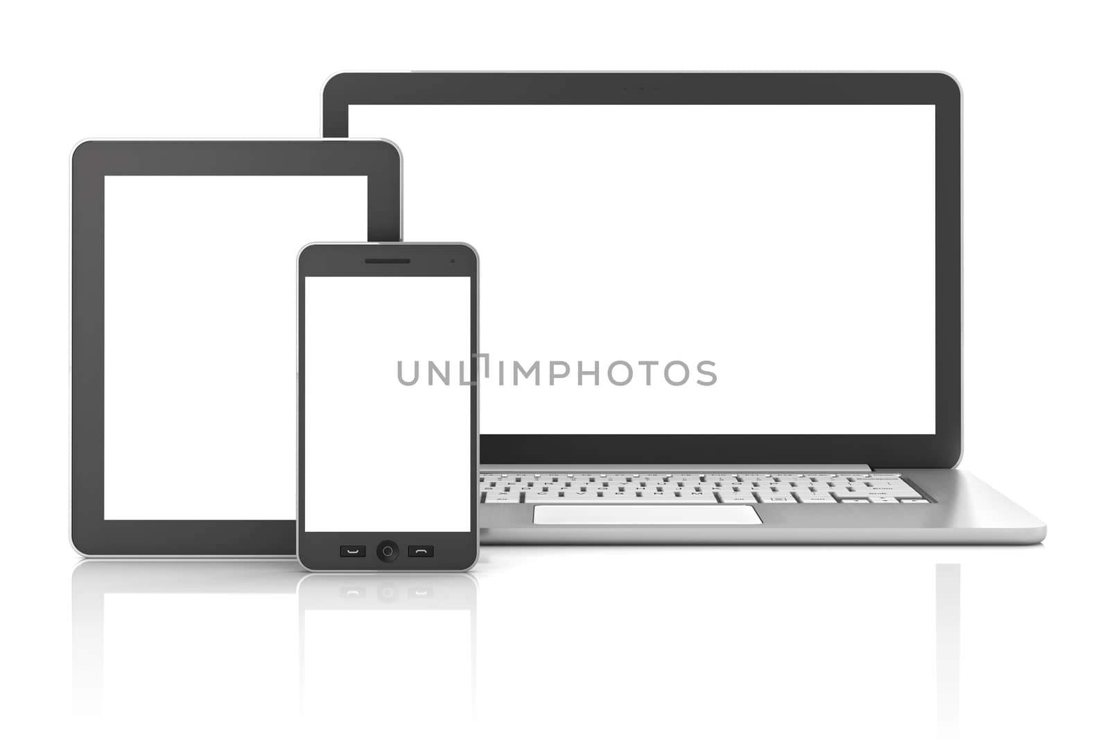 Gadgets including smartphone, smartwatch, tablet and laptop, blank screens with copyspace, 3d render