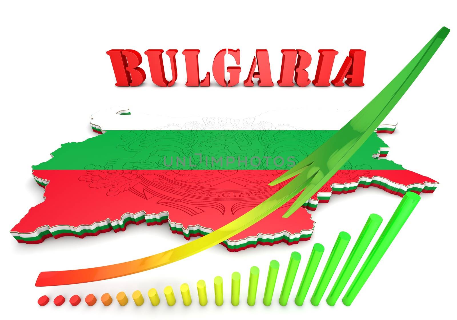 3d map illustration of Bulgaria with flag and coat of arms