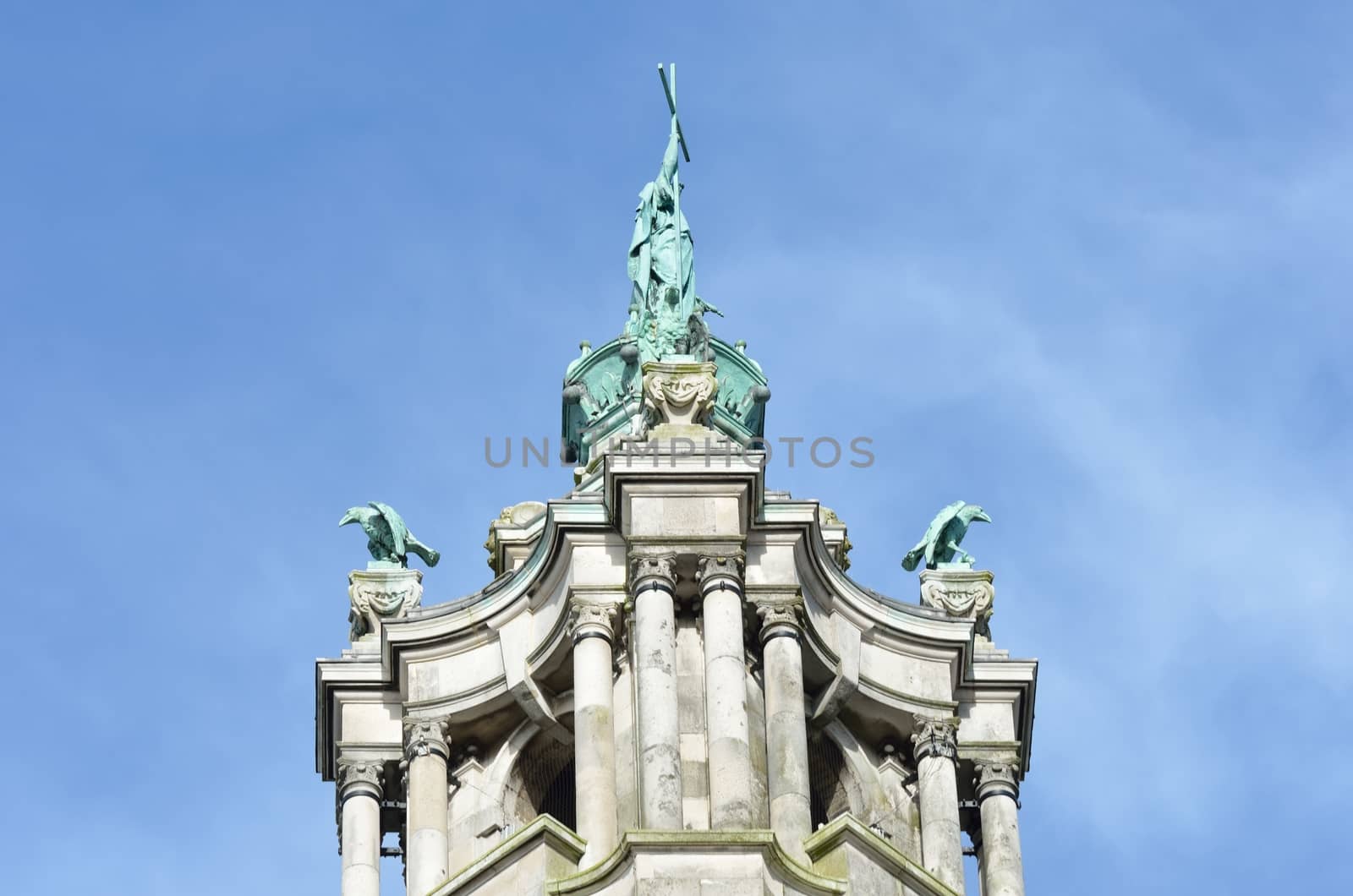 Top of victorian town hall tower depicting St Helena