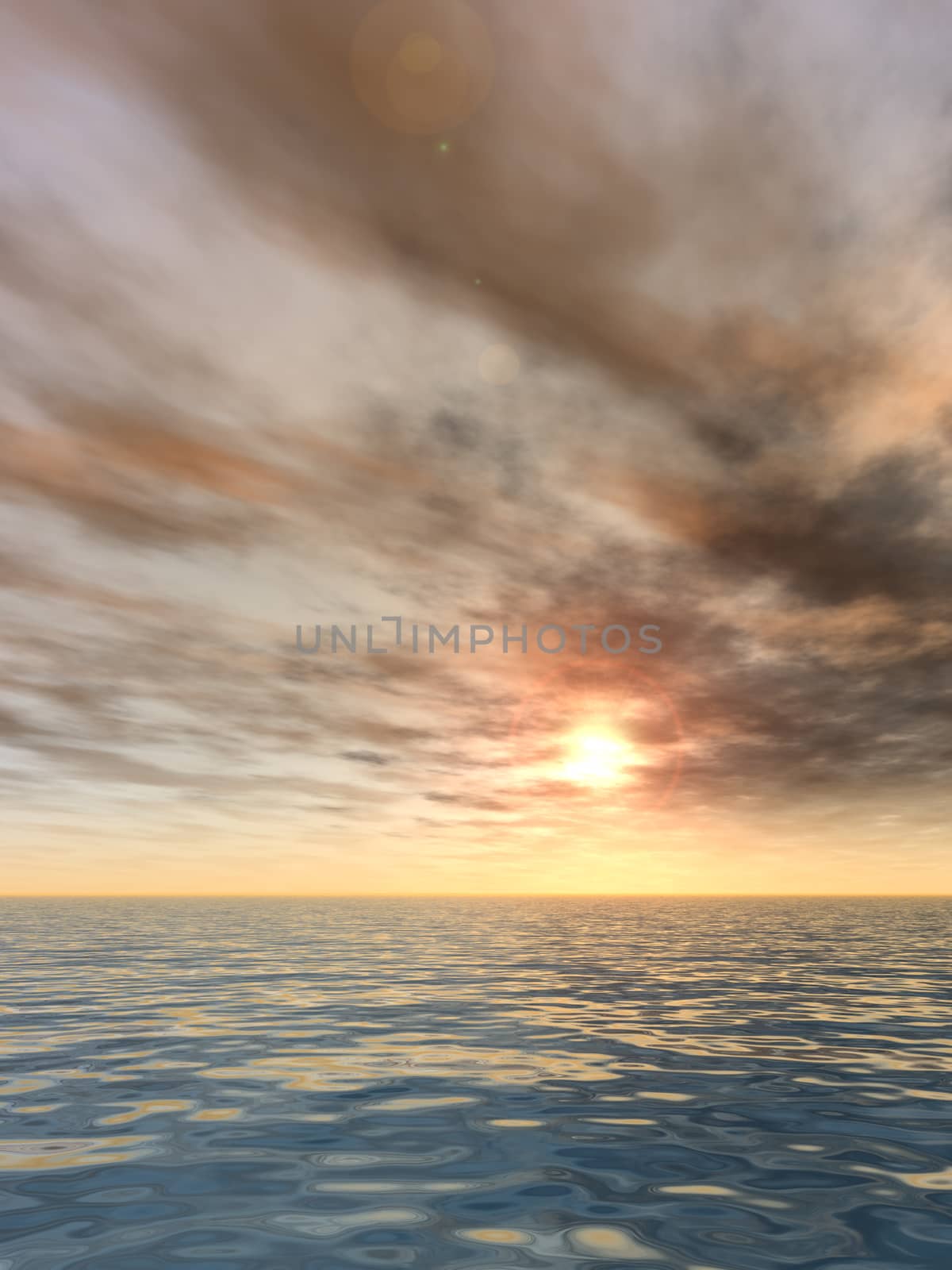 Conceptual sea or ocean water waves and sunset sky background