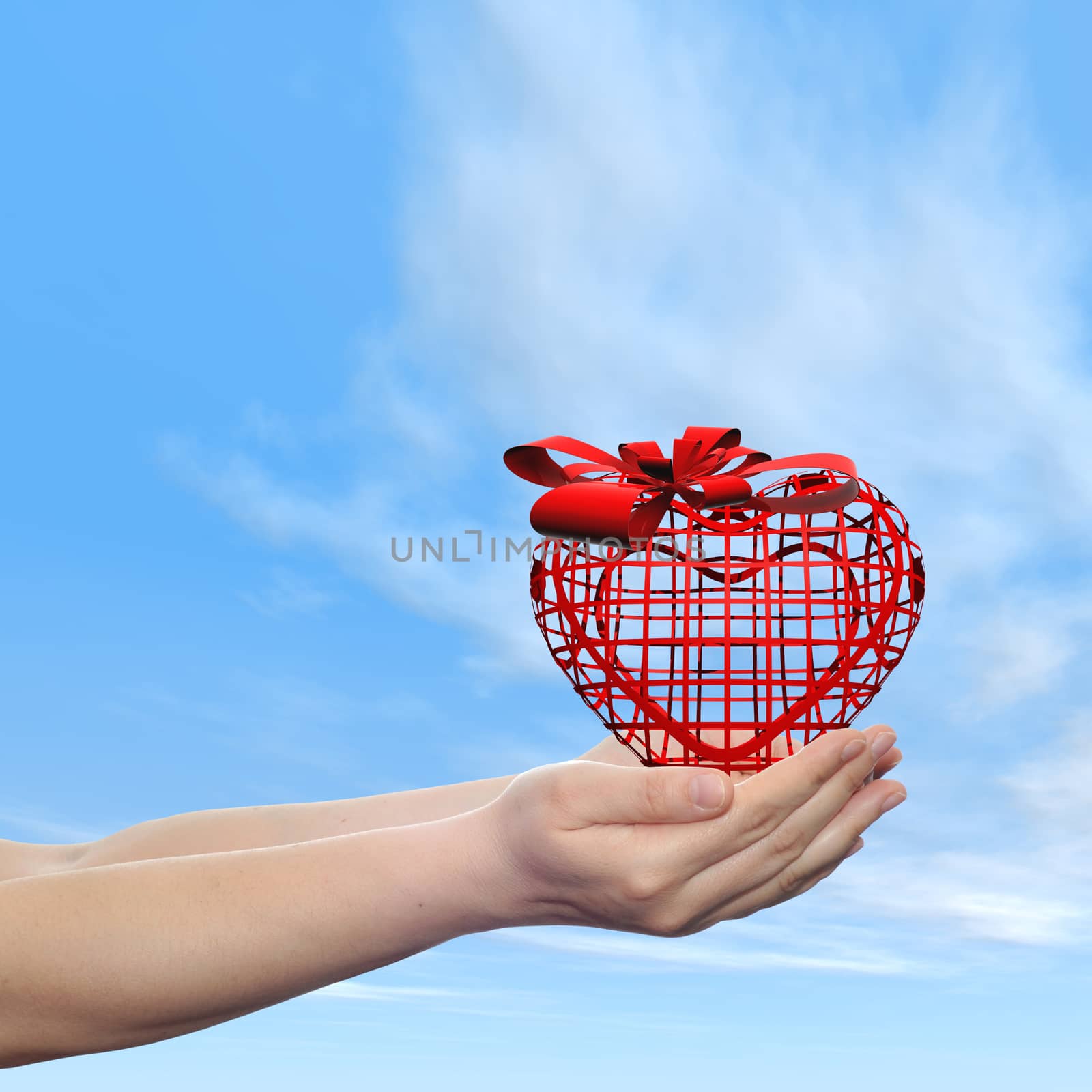 Conceptual human hand with heart and blue sky by design36