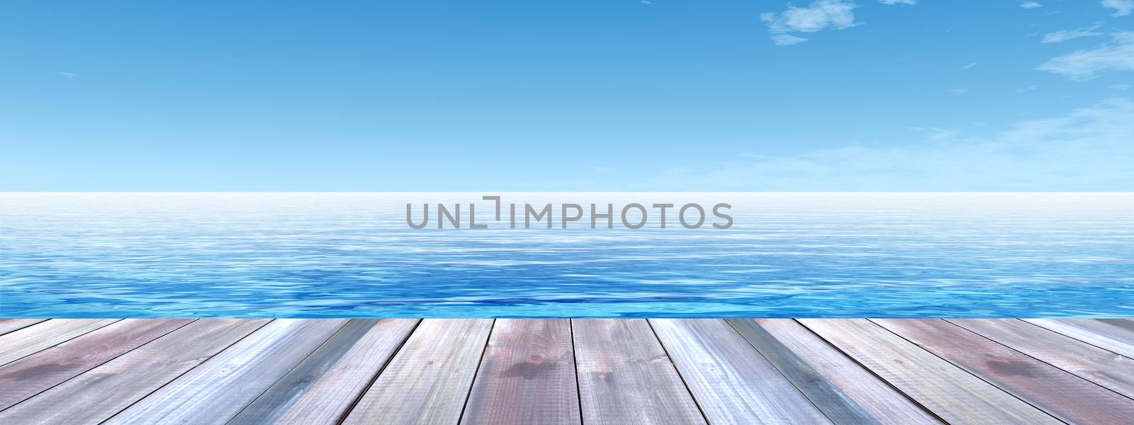 Concept or conceptual wood deck over blue sea and sky background banner
