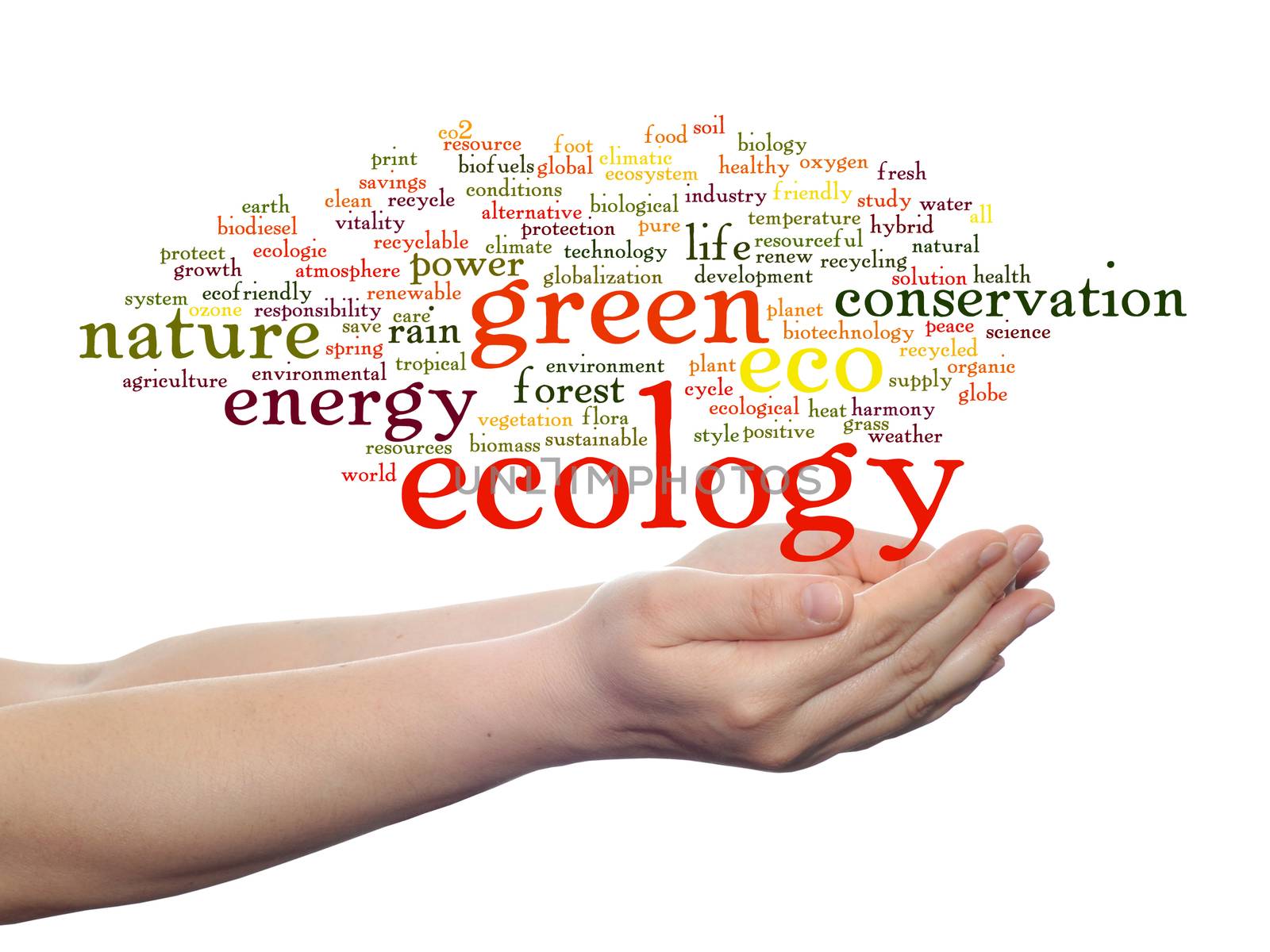 Conceptual ecology word cloud in hands isolated on background