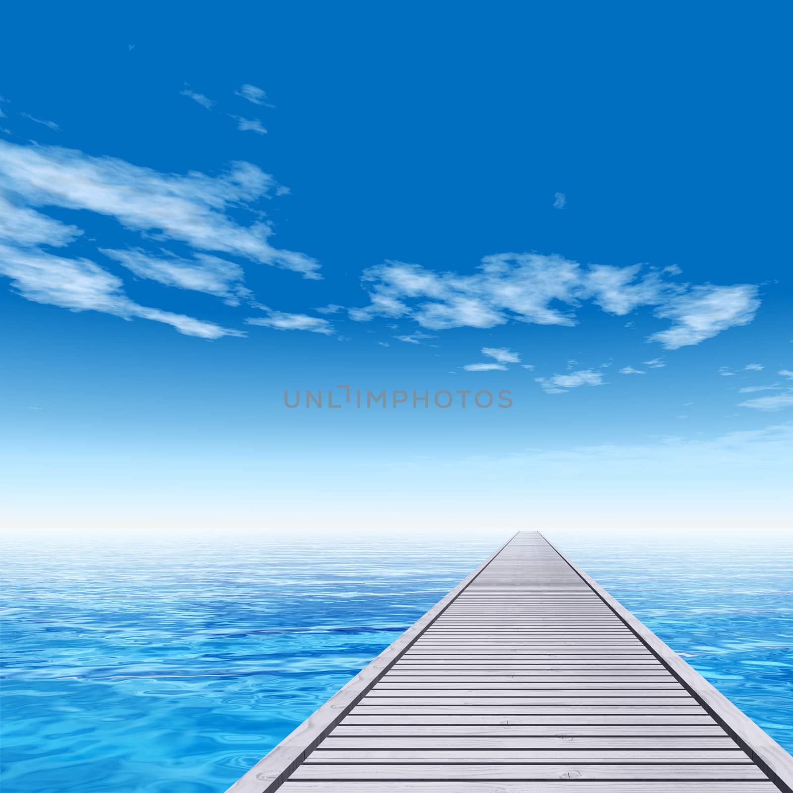 Concept or conceptual wood deck pier over exotic blue sea water and sky background