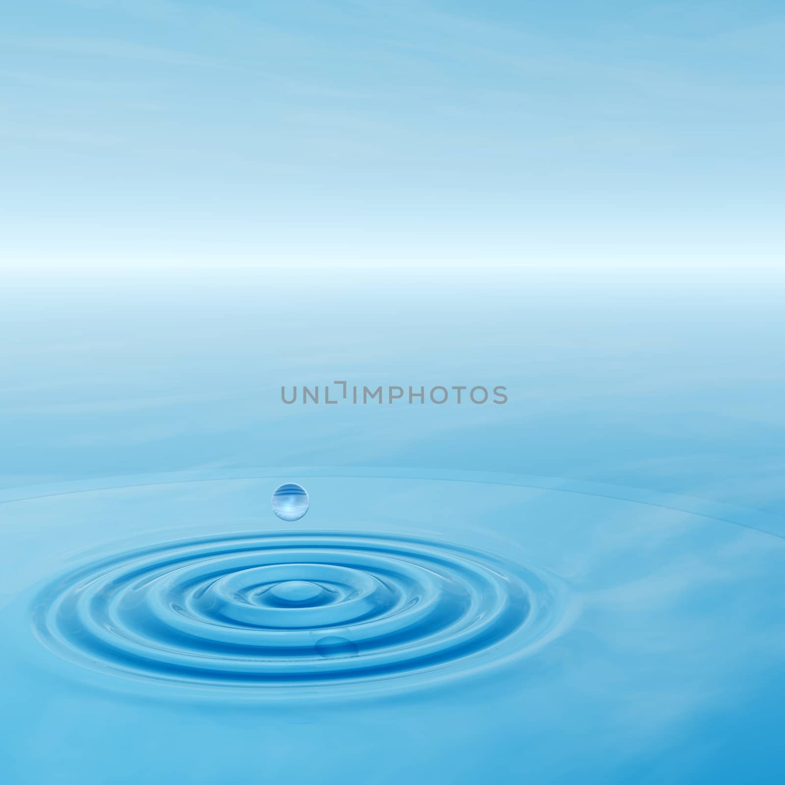 Conceptual blue liquid drop falling in water with ripples and waves background