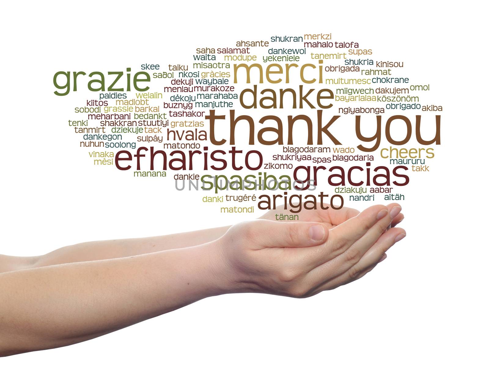 Conceptual thank you multilingual word cloud in hands isolated on background
