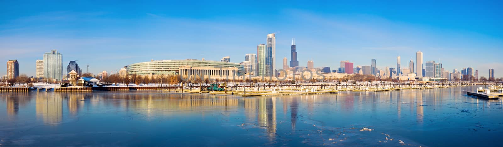 Winter panorama of Chicago from frozen marina. Chicago, Illinois, USA.