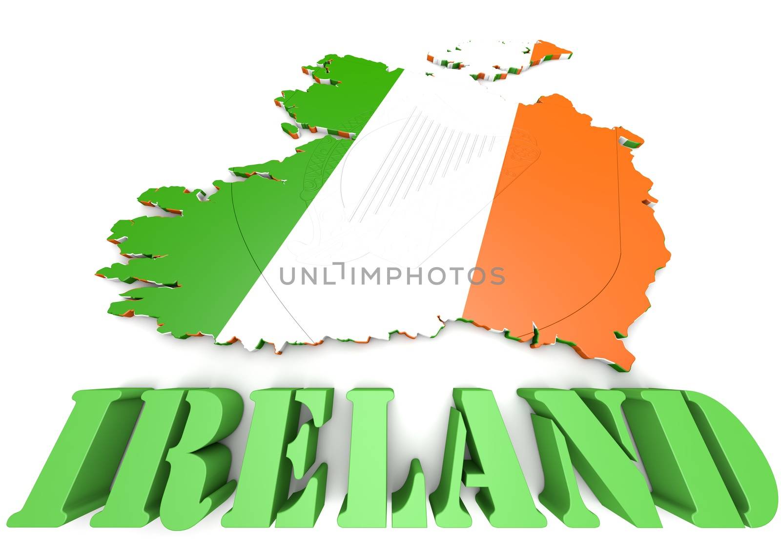 3D map illustration of Ireland with flag and coat of arms