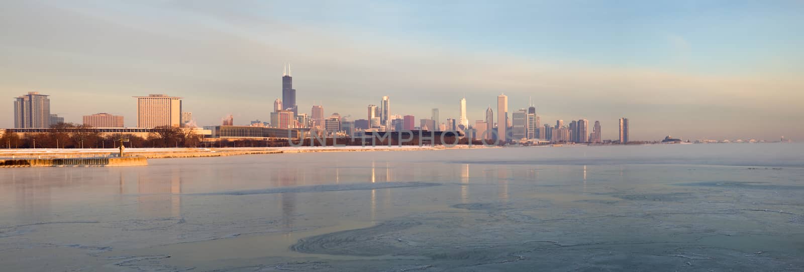 Panorama of Chicago at sunrise. Chicago, Illinois, USA.