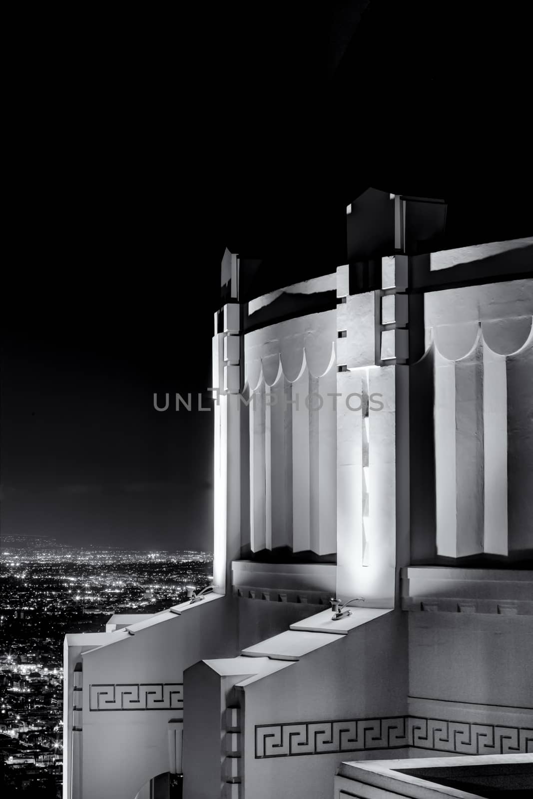 Griffith Observatory black and white vertical image at night.