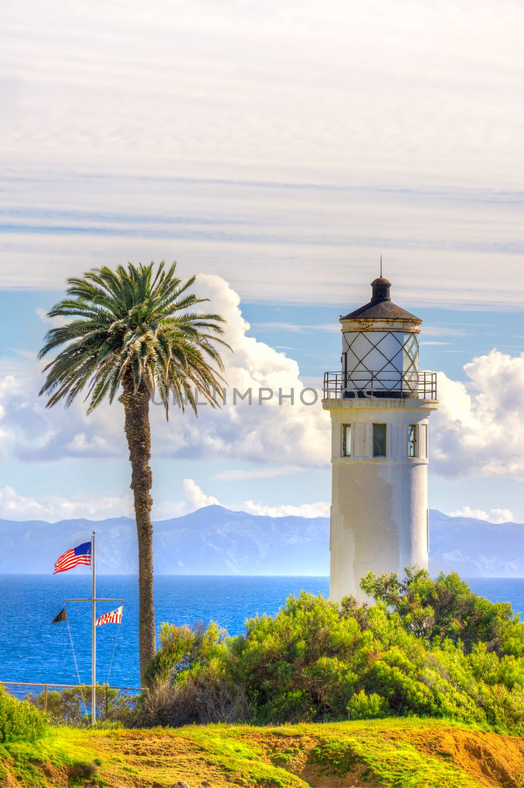 Point Vicente Lighthouse vertical image overlooking Catalina Island.