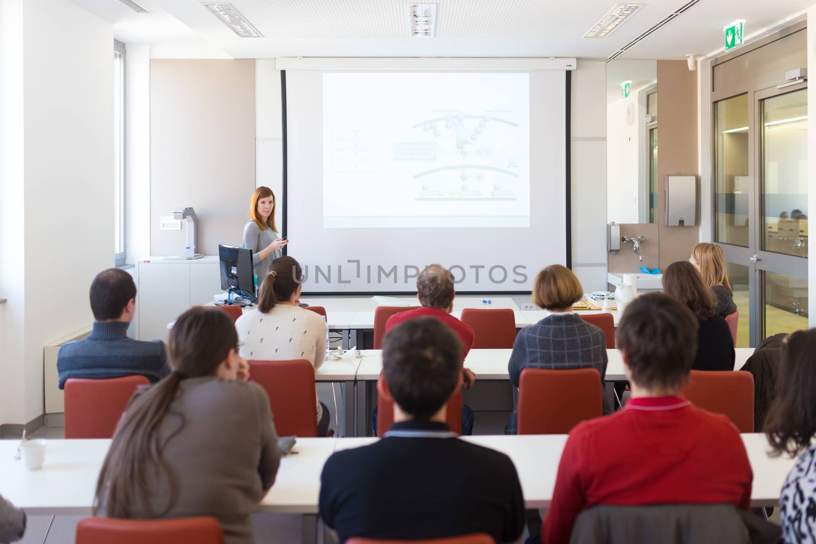 Speaker giving presentation in lecture hall at university. Participants listening to lecture and making notes. Copy space for brand on white screen.