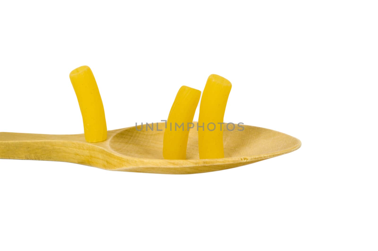 Macaroni in wooden spoon on white background