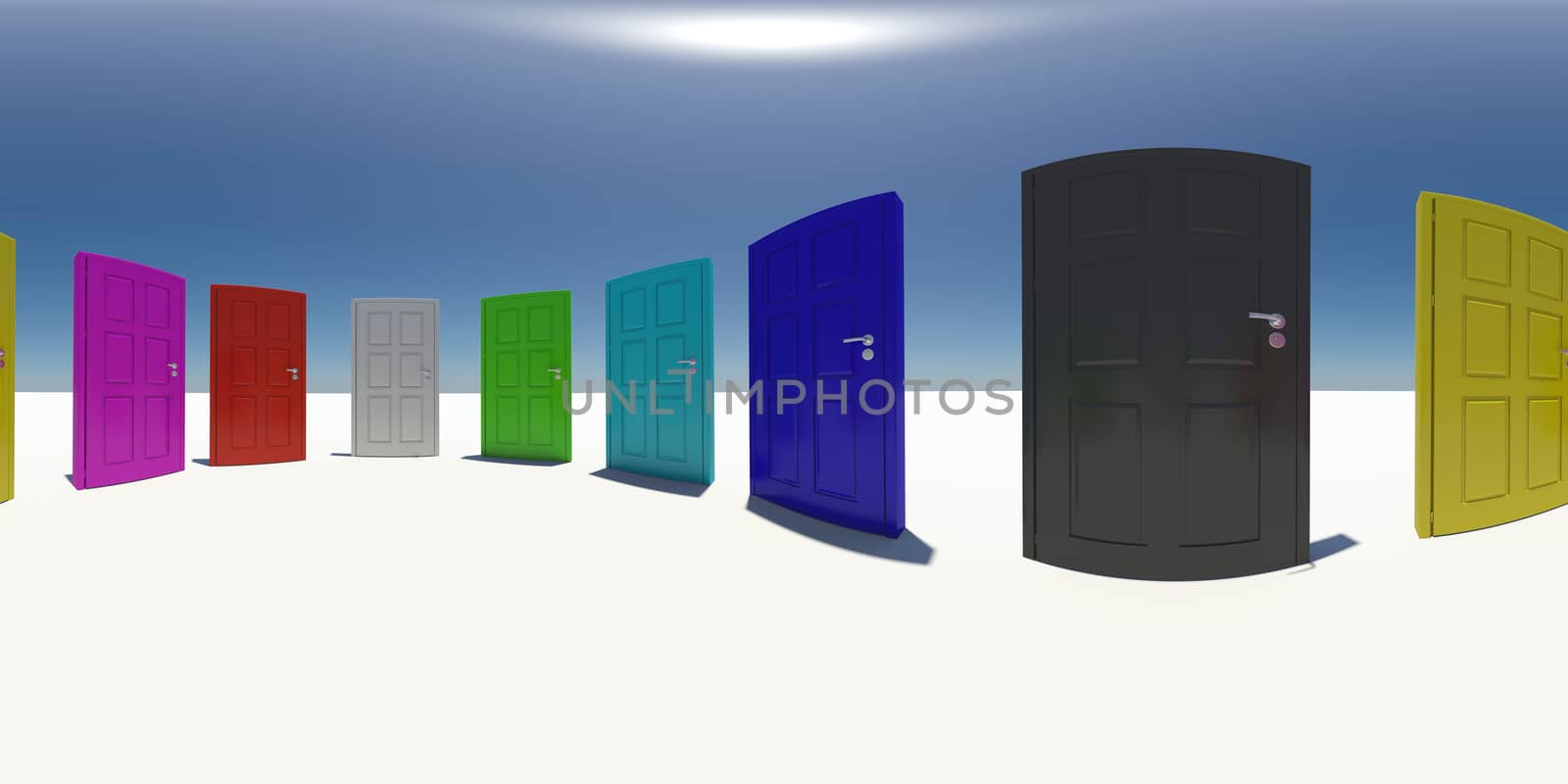 Spherical panorama of colorful doors. White surface. Blue sky as background